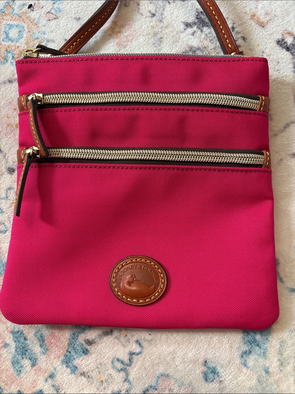 Dooney & Bourke Hot Pink Nylon Crossbody with Brown Leather Trim. Triple Zip